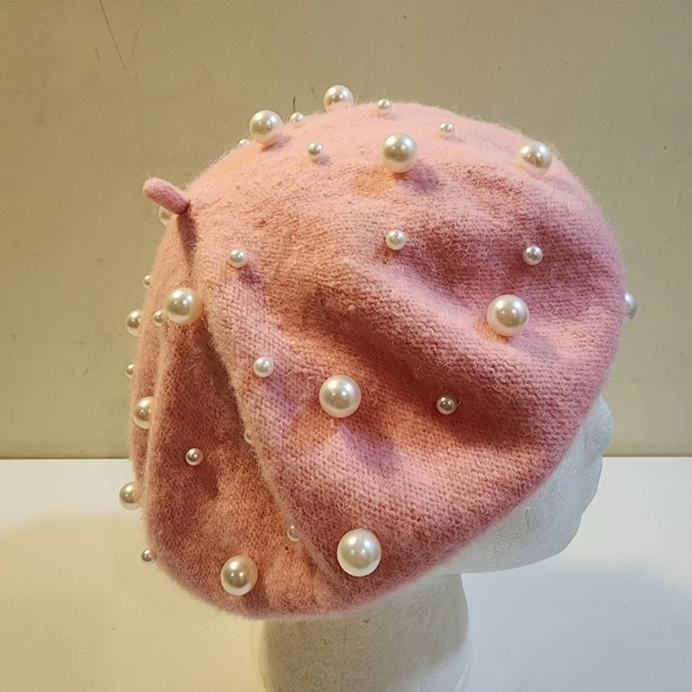 Pink Wool Beret with Pearl Embellishments